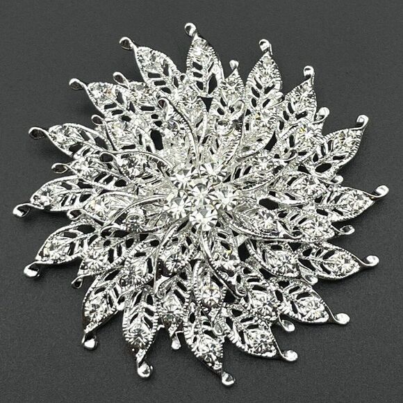 Silver with White Diamond Crystal Round Flower Pin Back Brooch - Picture 1 of 8